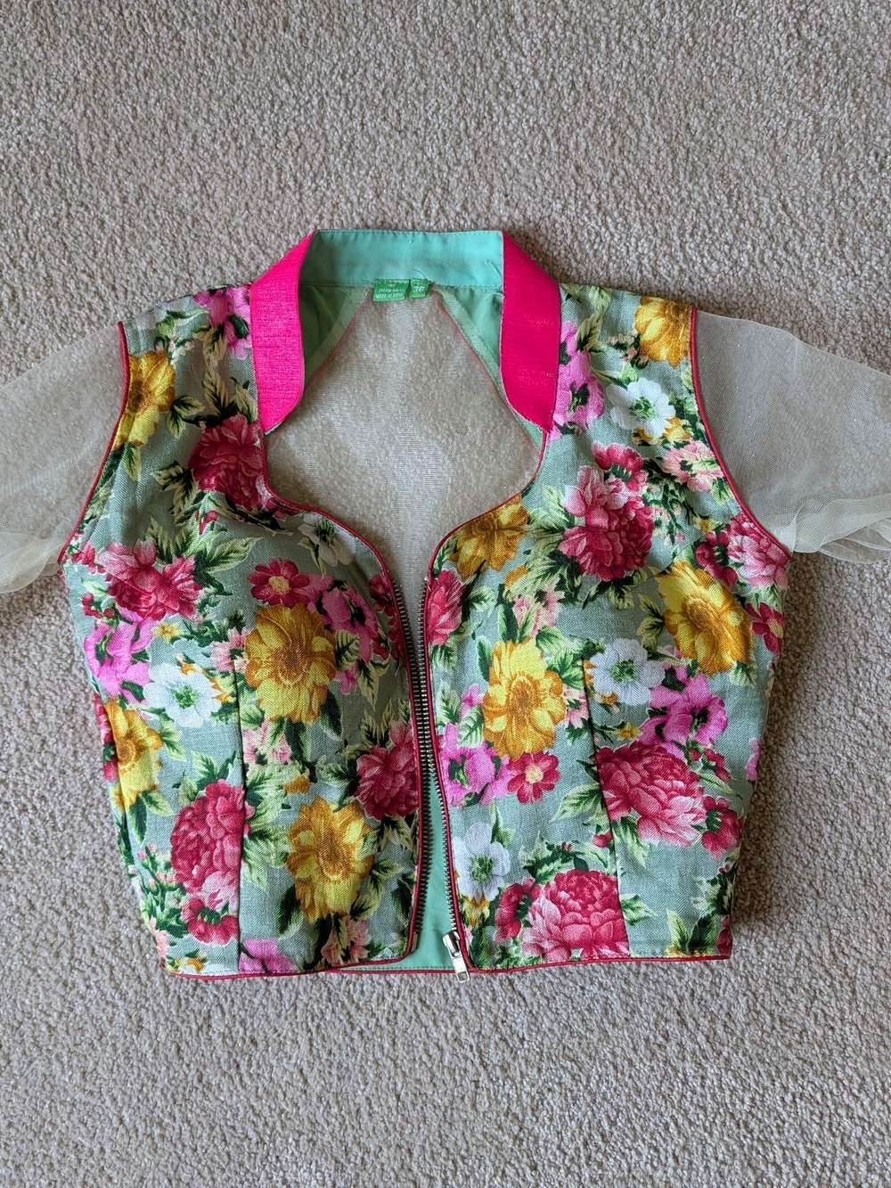Floral Zip-Front Women’s Saree in Mint with Pink & Yellow Blooms